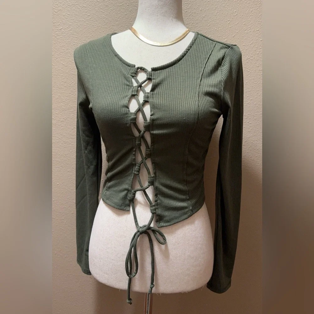 Lace up olive green crop top long sleeve top